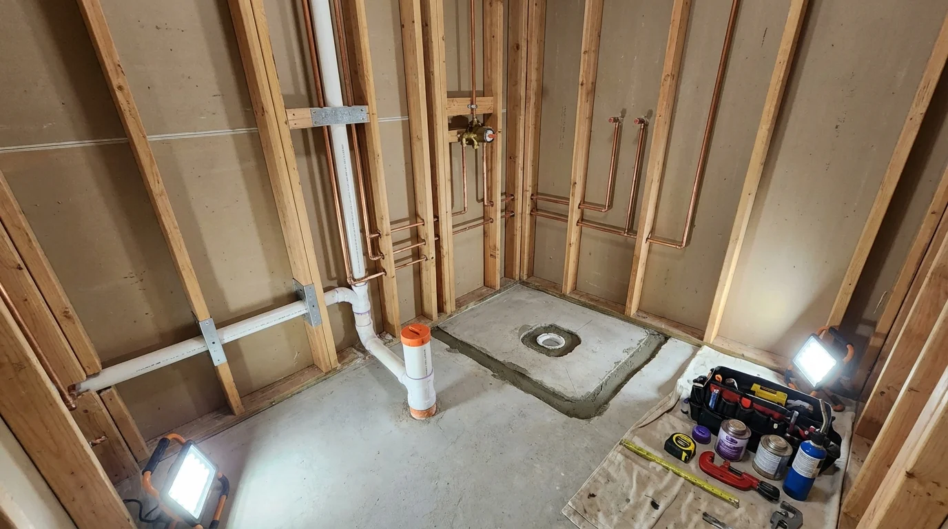 Bathroom rough-in plumbing during remodel by Johns Plumbing LLC in Walkersville