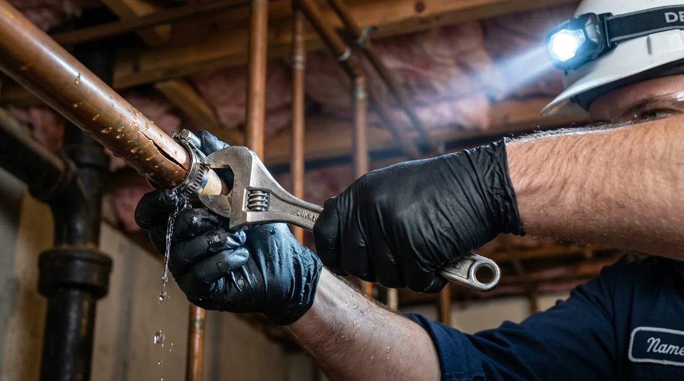 Emergency pipe clamp repair being performed by a Johns Plumbing LLC plumber in Walkersville