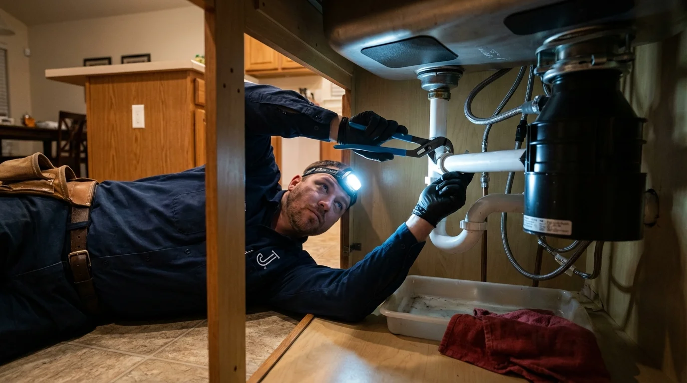 P-trap and supply line connections under a kitchen sink showing a common leak point in Walkersville, MD